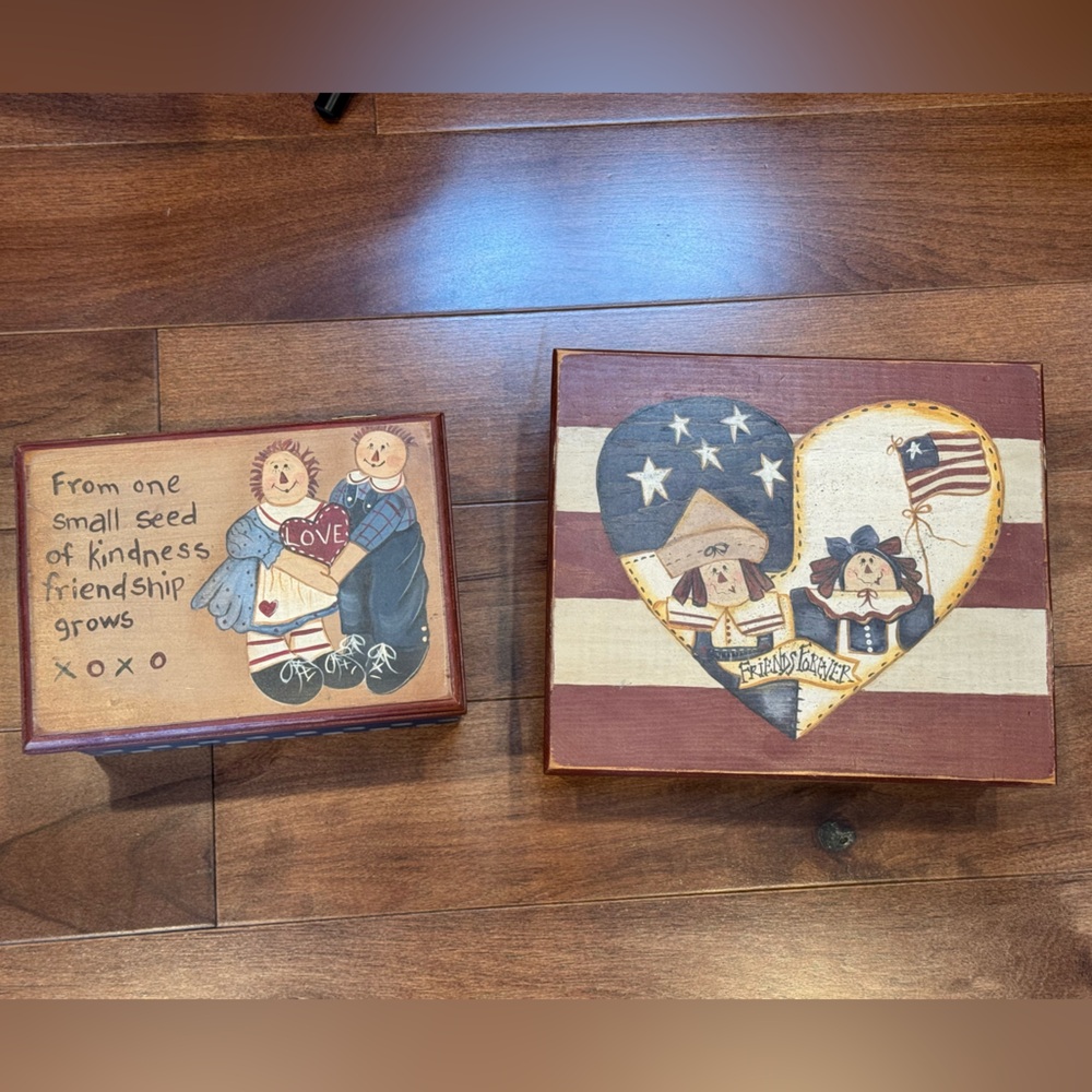 Vintage Primitive Folk Art RAGGEDY ANN & ANDY Wood Boxes - Red, Cream, Blue